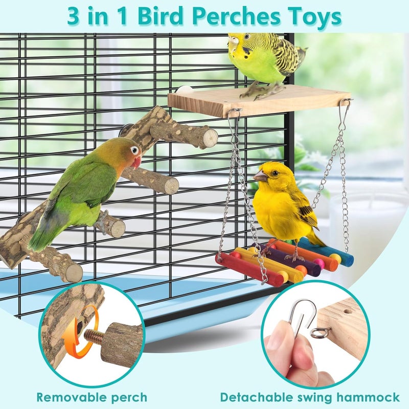 DBNESS 3in1 Bird Perch Toys for Parrots, Wooden Ladder Perch for Cage, Parrot Platform Stand Colourful Swing Hammock Climbing Bridge Exercise Cage Accessories for Budgies Cockatiels Lovebirds Hamster - Image 3